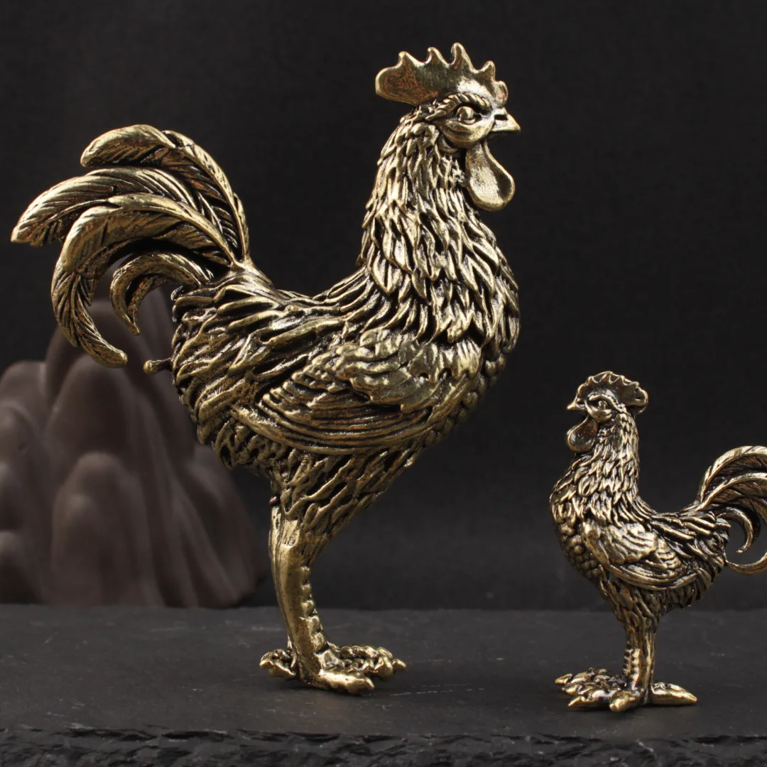 1pieces of pure brass small ornaments desktop handle pieces twelve zodiac big rooster ornaments mascot tea