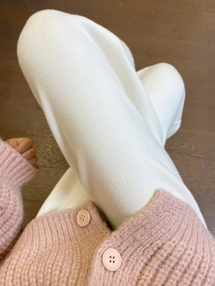 

Women's High Waist Straight Leg Knitted Wide Leg Pants Thiened Soft Casual Trousers Korean Sle Commute Wind Pure Color