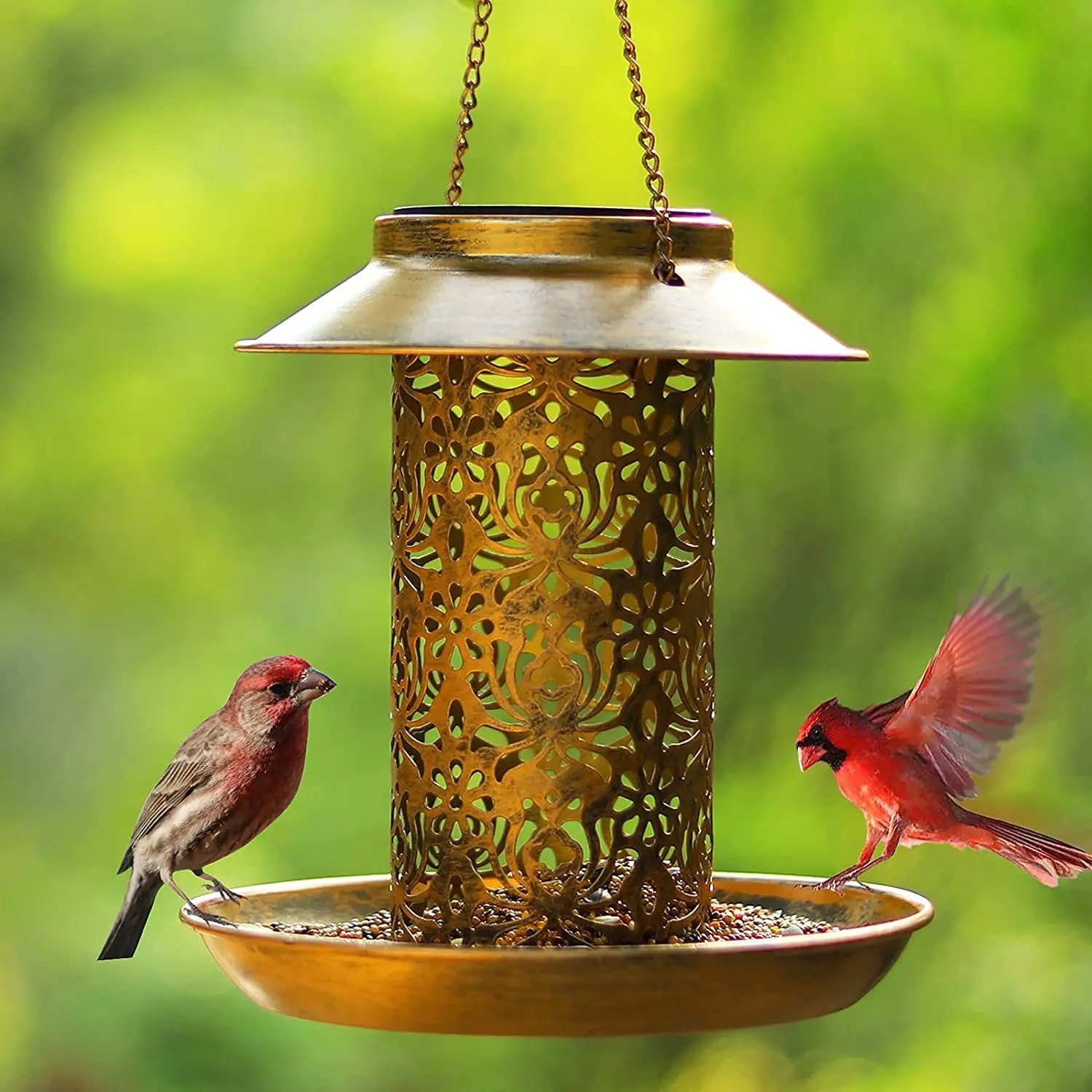 Outdoor Solar Bird Feeder Metal Hanging Feeder with LED Light for Garden Wildlife Feeding