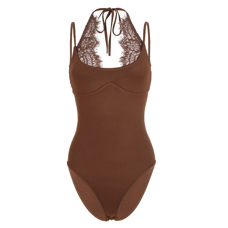 

Retro lace patchwork sexy hot girl fashion fake two-piece solid color lace up base casual jumpsuit