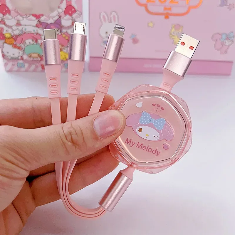 Sanrio 3 In 1 Fast Charging Cable Data Line Kuromi Hello Kitty Cinnamoroll For Micro Type-C USB lightning Portable Car Charger