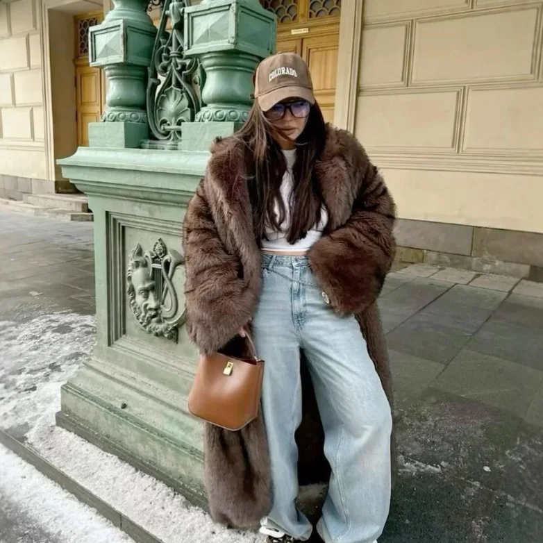 120cm Super Long Luxury Winter Brown Faux Fur Coat Woman Elegant Belted Lapel Thick Elegant Fluffy Fur Jacket High Quality Coats