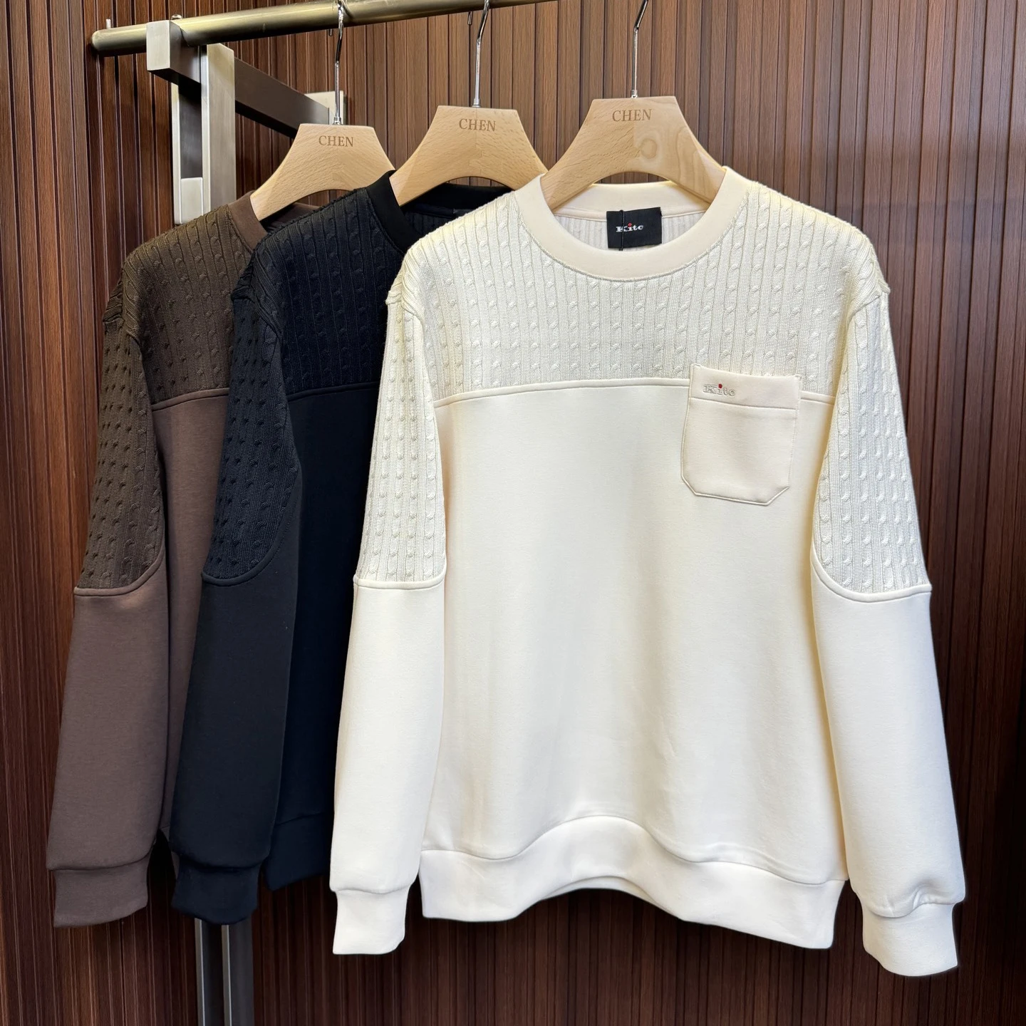 

Kiton autumn and winter new solid color fashion texture splicing pocket men's crew neck long-sleeved sweater