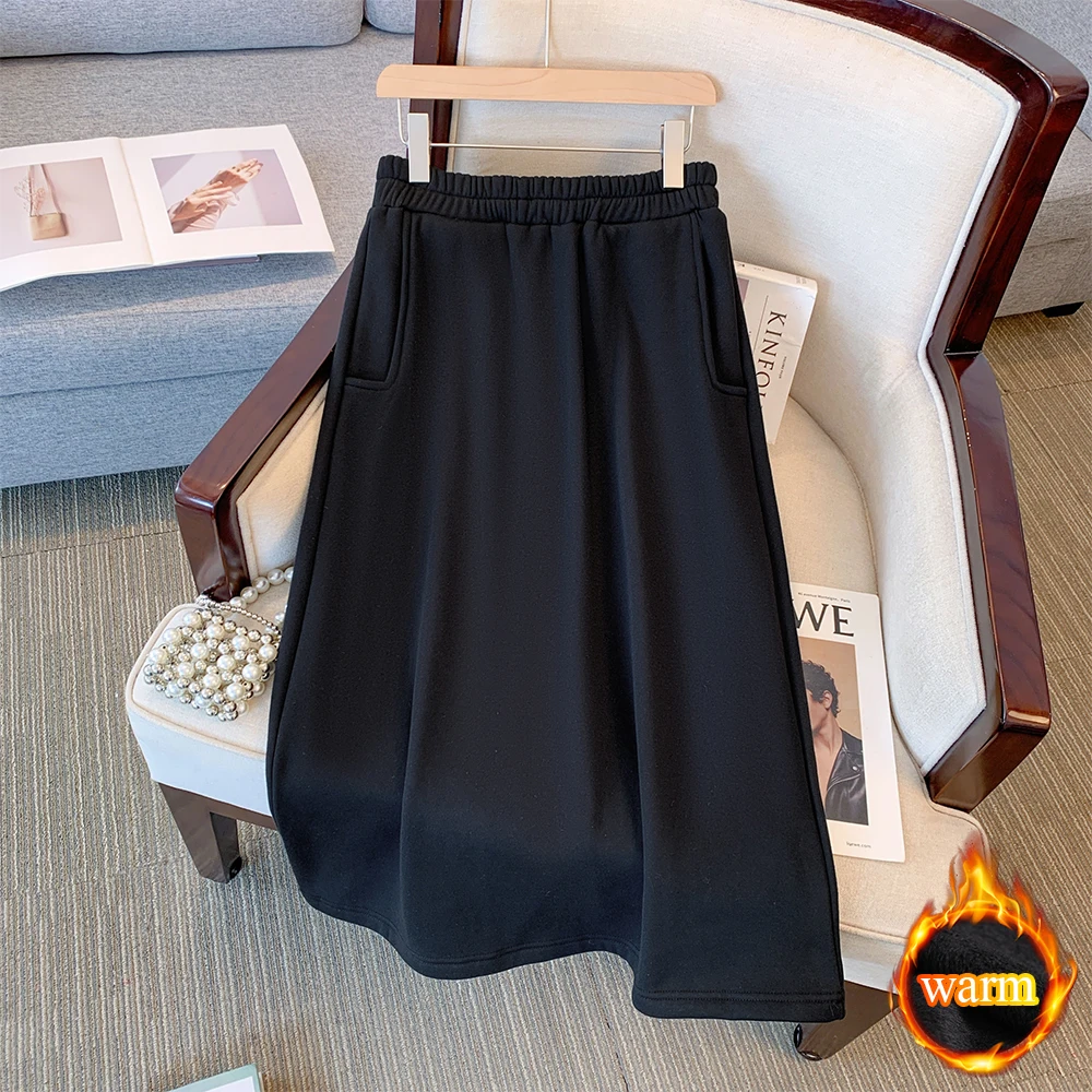 

winter Plus size women's brushed thickened warm high waist skirt pockets simple elastic waist loose comfortable mid-length skirt