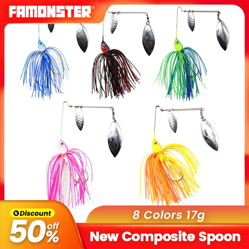 

FAMONSTER Fishing Lure Spinner Composite Spoon Sequins Spoon With Jig Skirt Spinnerbaits Trolling Sequins Baits Blades Winter