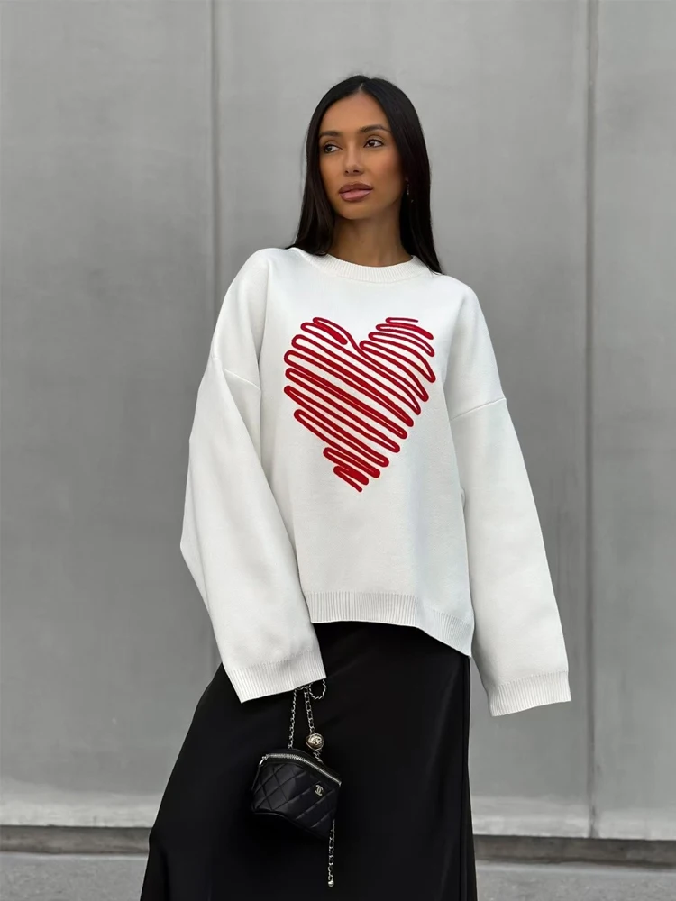 

Zadily женские белые толстовки оверсайз с круглым вырезом, свитер с красным сердечком и длинными рукавами, повседневный осенний пуловер 2025 года, топ