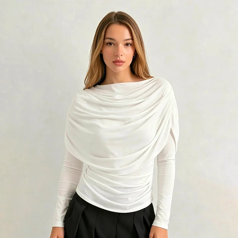 2026 Frühling Sommer Damen Langarm-T-Shirt mit drapiertem Kragen, plissiertem Schal, schmal geschnitten, Stretch-Oberteil, elegant, lässig, Alltagskleidung – Detail 4