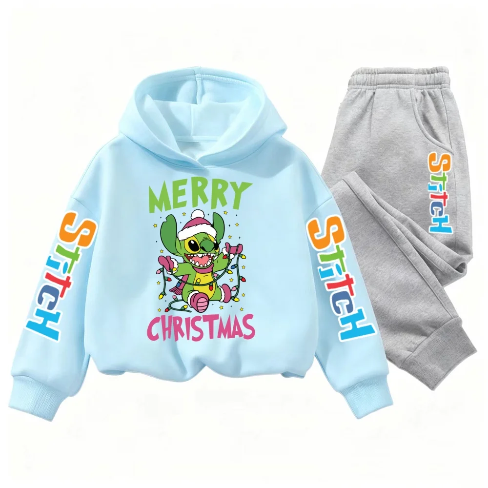 

Disney 2025 Joint Christmas Stitch с мультяшным принтом, осенне-зимняя детская толстовка с капюшоном и эластичные штаны для девочек, модная универсальная