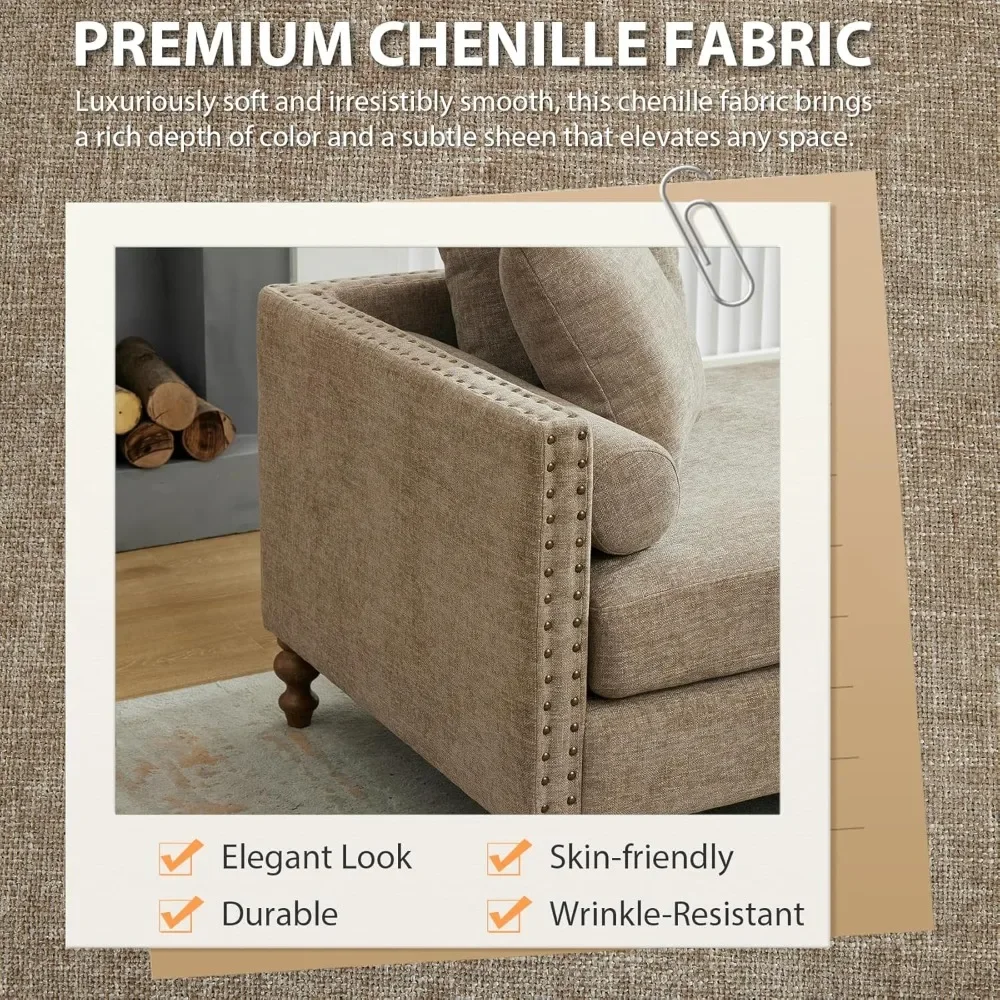 Espreguiçadeira grande de 75,2 polegadas, sofá-cama de chenille com braços capitonés e banco de quarto com 4 travesseiros