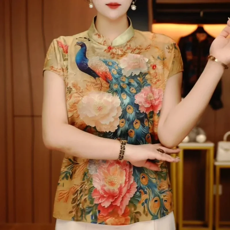 Chinese Style Peacock Peony Print Blouse Women Mandarin Collar Short Sleeve Elegant Summer Silk-like Top