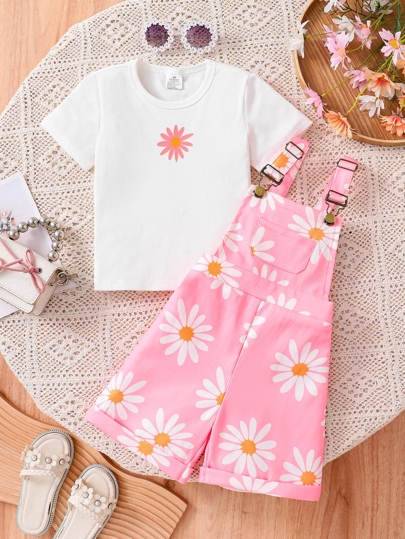 T-shirt bianca casual estiva per ragazze con bretelle con stampa margherita Set per bambini comodo e alla moda a maniche corte