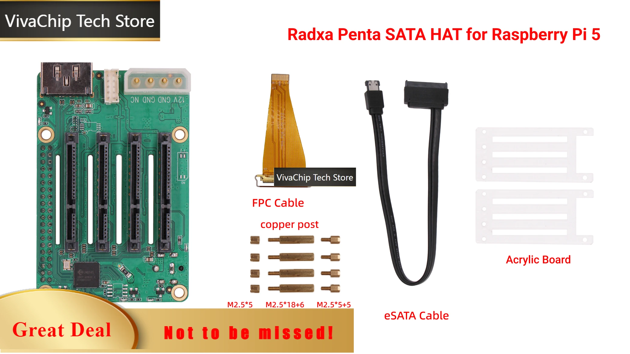 VivaChip TechRadxa Penta SATA HAT  - Up to 5x SATA disks HAT for Raspberry Pi 5 and ROCK Pi SBCs,3C,5A, 4A / 4B / 4SE / 4A+ / 4B