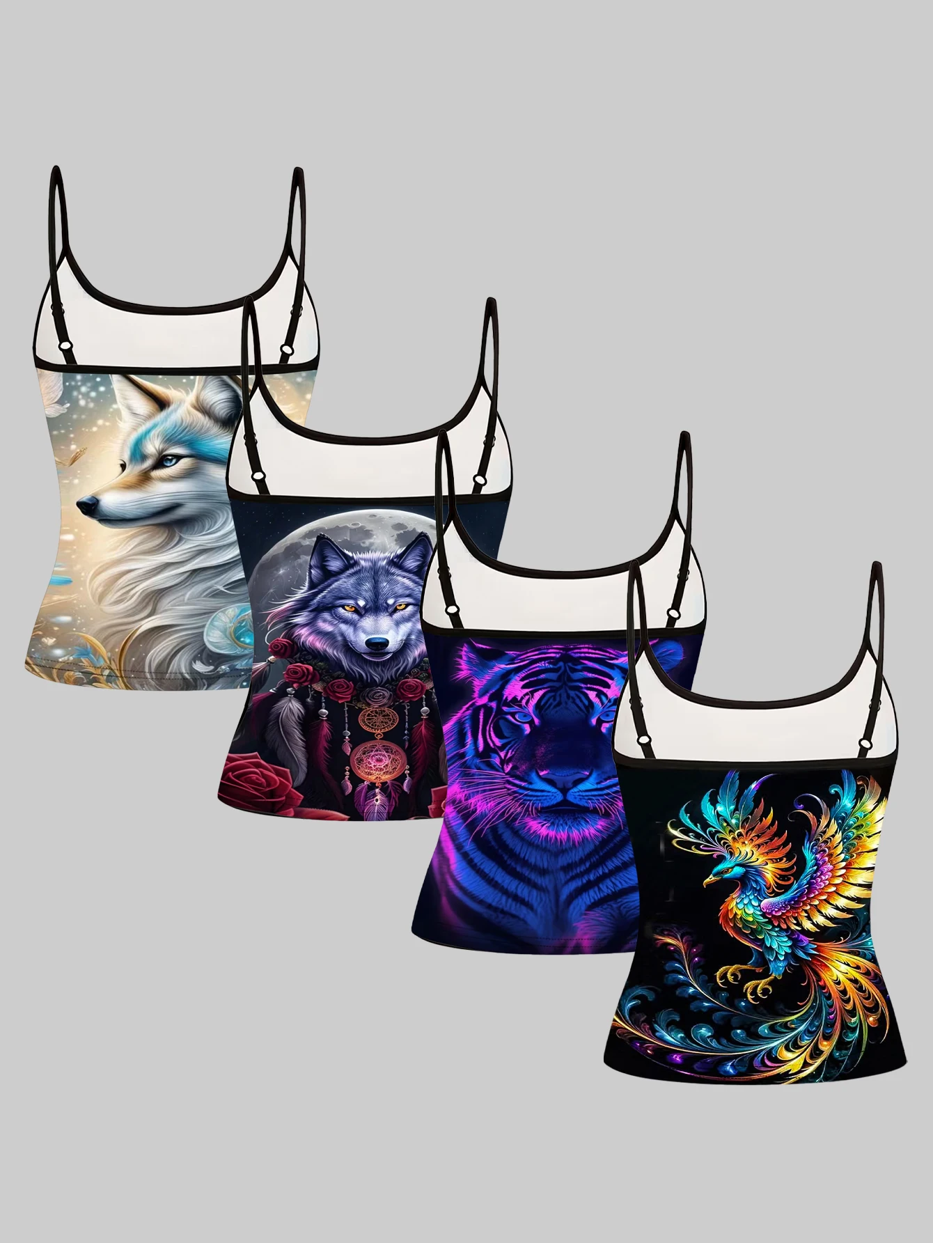 4-Pack Women's Animal Print Camisole Tops with Wolf, Tiger, and Phoenix Patterns, Slim Fit Inner Wear