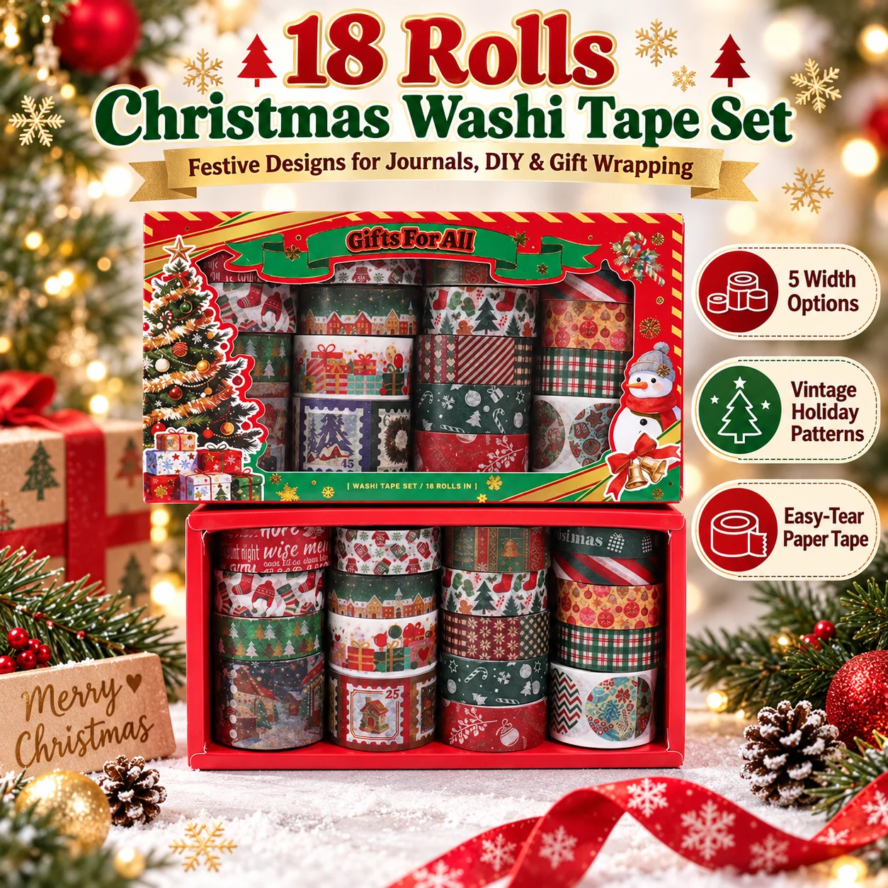 18 Rolls Vintage Christmas Washi Tape Set, 5 Widths Festive Patterns For Journal Scrapbook Diy Gift Wrapping Home Decor