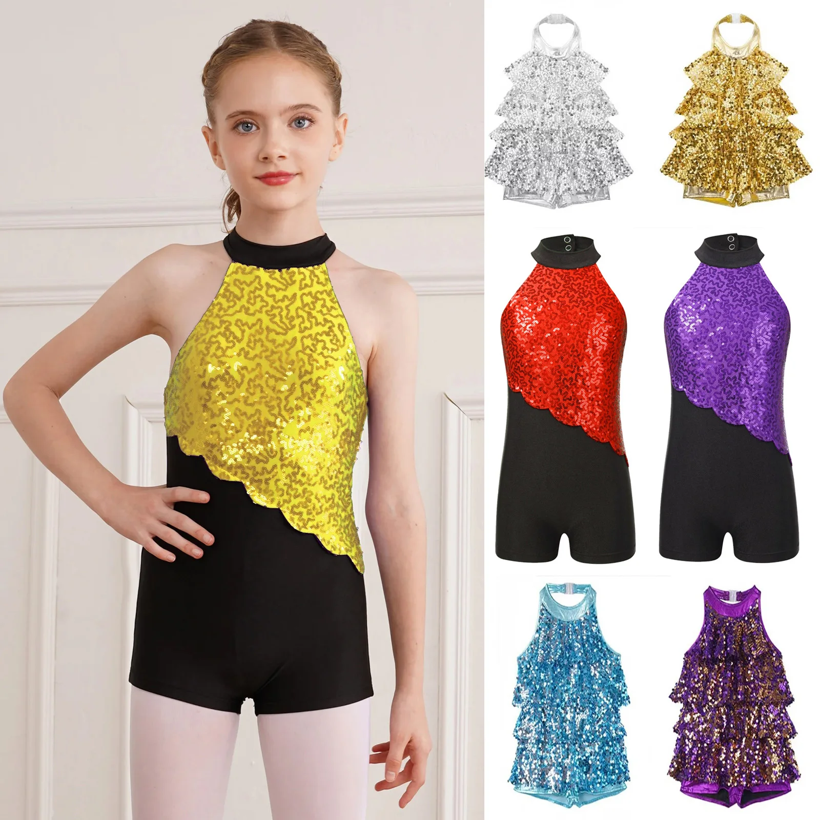 

Girls Jazz Dance Halter Leotard Shiny Sequins Shorty Unitard Dress Childs Dancewear 4-16Y Kids Sequined Latin Dancing Costumes