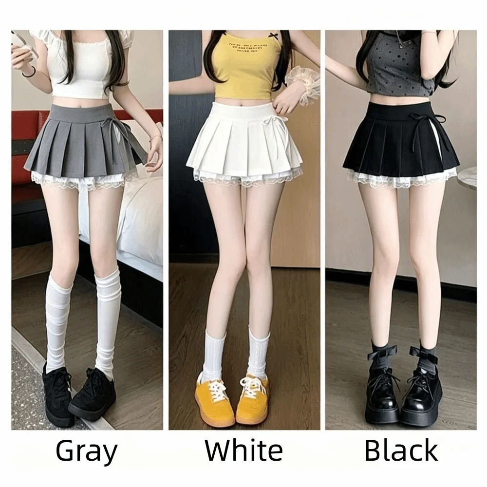 Lace Paneling Pleated A-Line Skirt Side Slit Built-in Shorts High Waist Skirt Polyester Lining Plaid Mesh Stitching