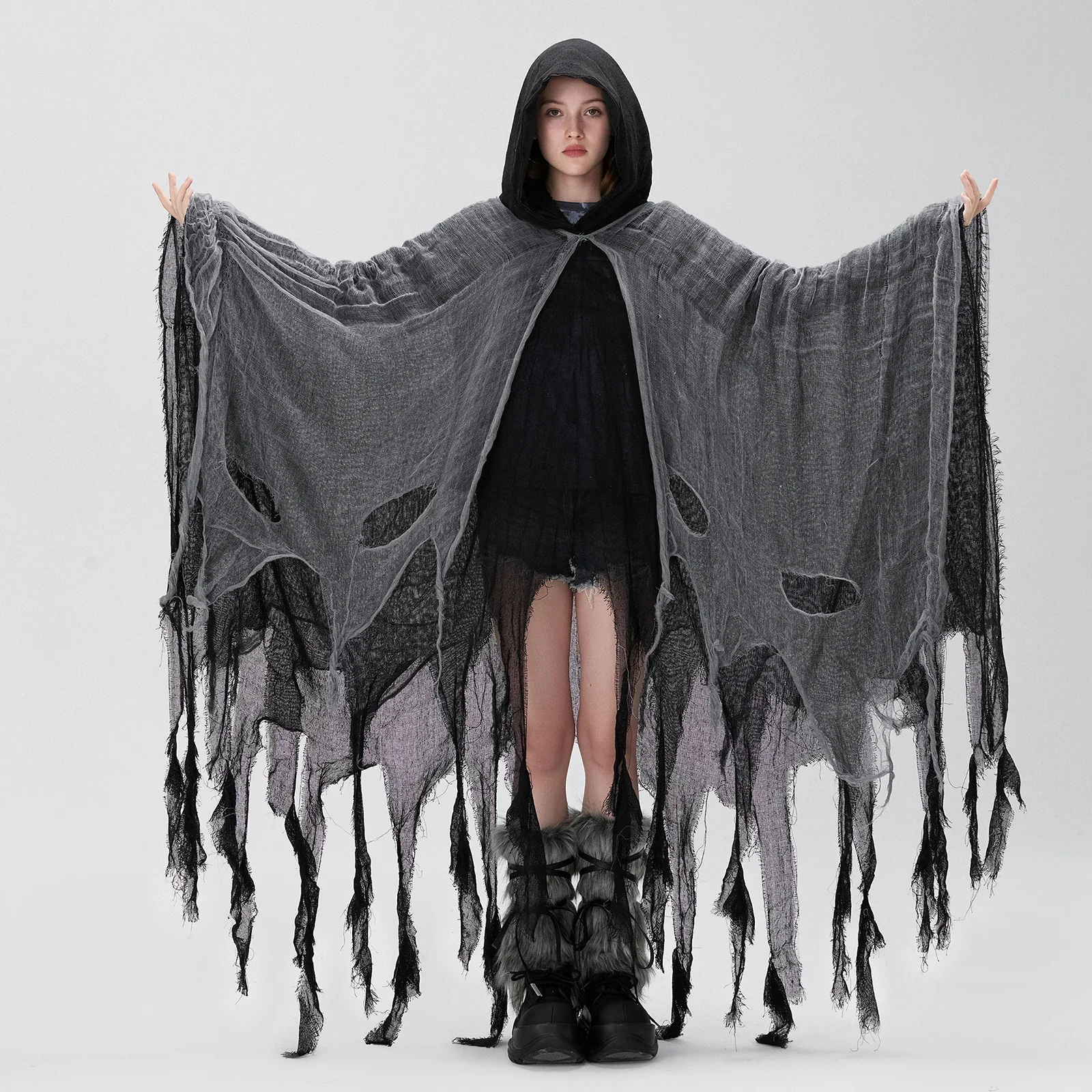 

Halloween Witch Cloak with Hood Exaggerated Ripped Grim Reaper Cape Cosplay Props