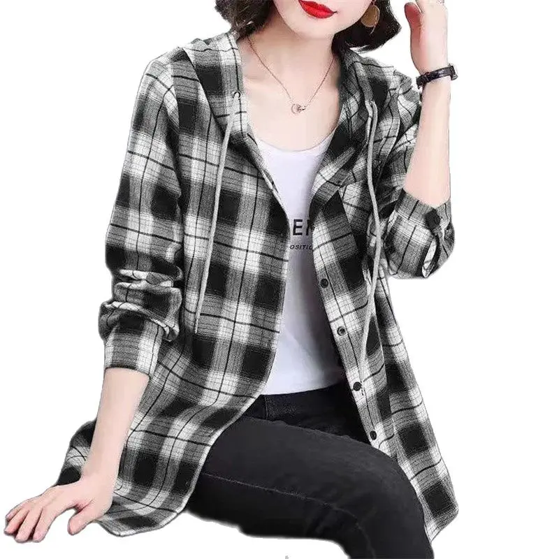 Camicia da donna reticolare con cappuccio medio lungo levigatura retrò 2022 autunno nuova versione coreana sciolto cappotto femminile camicia invernale Primer