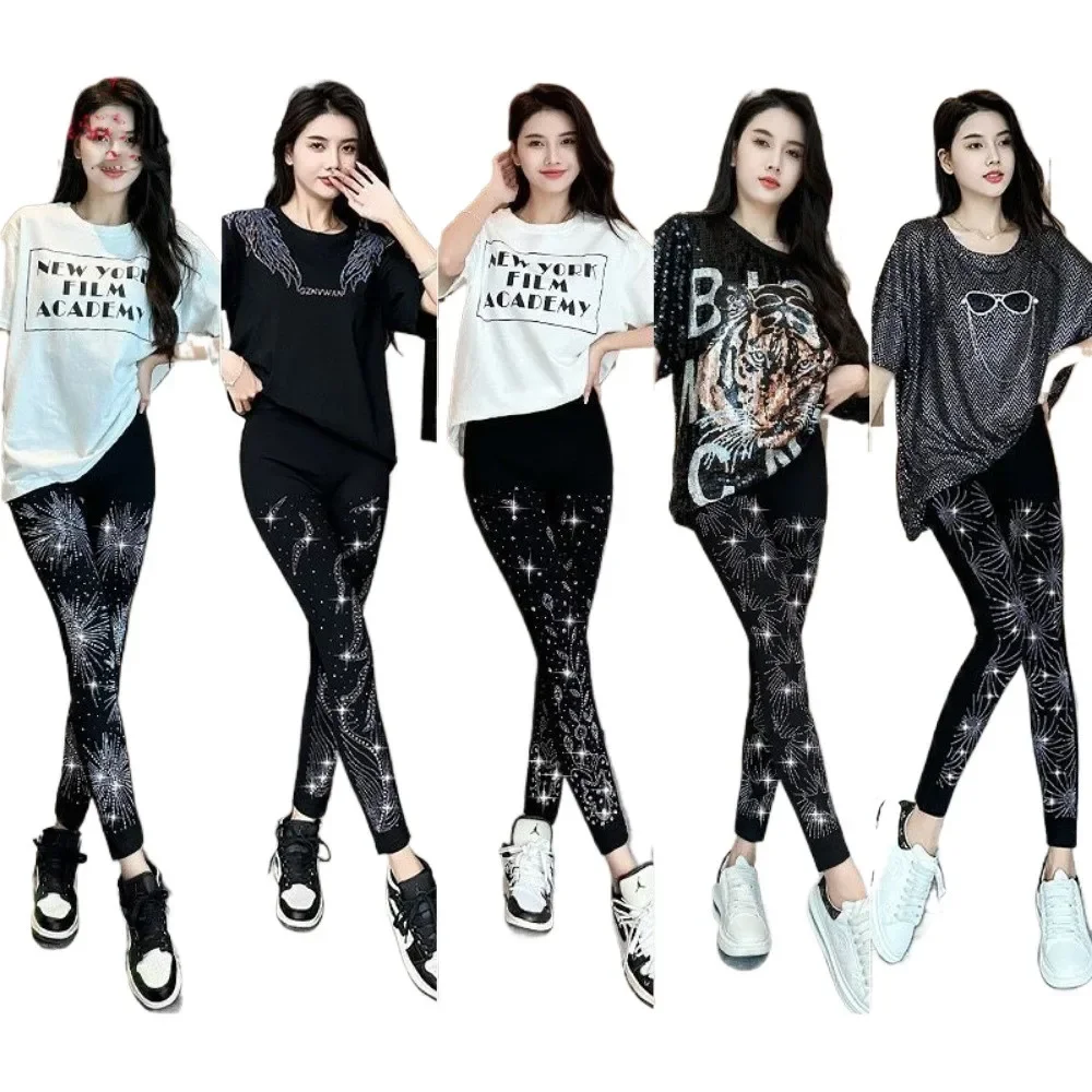High Waist Yoga Pants Rhinestone Elastic Plush Warm Tights Trendy Seasons Cotton Women's Leggings Bright Diamond Casual Slim B1