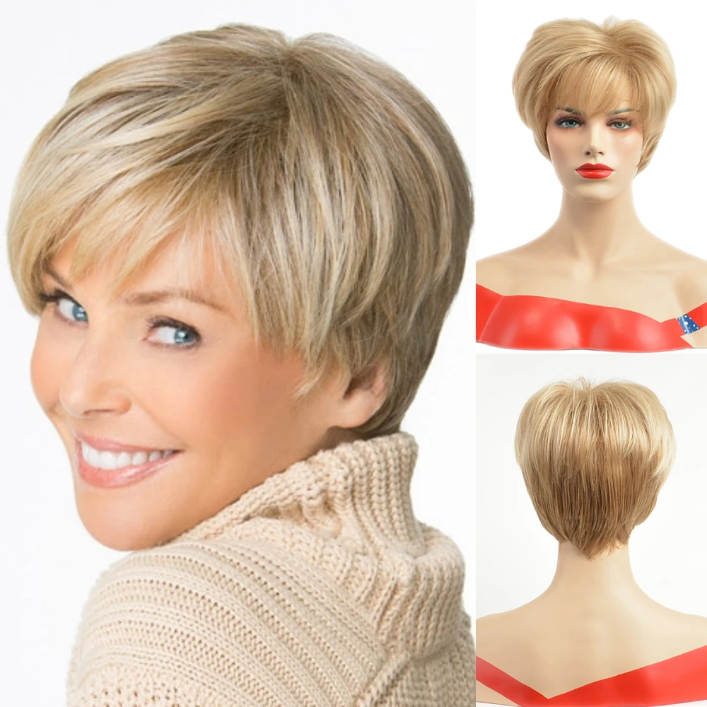 MSIWIGS White Blonde Ombre Straight Short Wigs with Bangs High Temperature Fiber Synthetic Brown for Elder Women