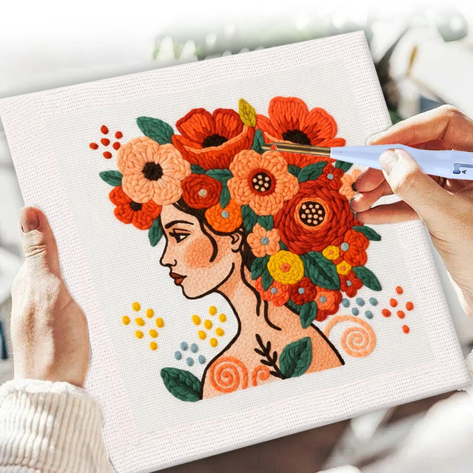 

DIY Punch Needle Embroidery Kit Easy Sewing Craft Set with Frame Square Fabric Figure Pattern Yarns Included for Beginners