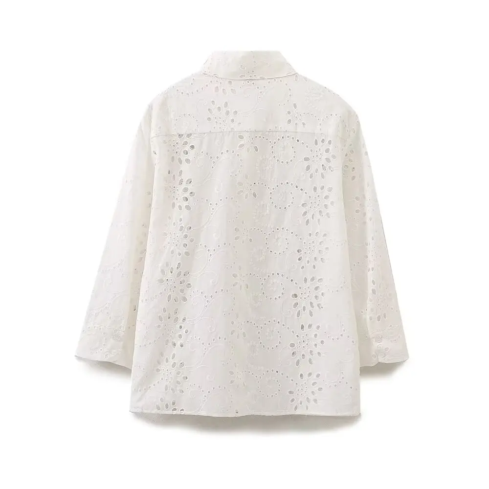 Women's 2024 New Chic Fashion Joker Openwork Embroidered Blouses Retro Long Sleeve Button Blouses Chic Tops.