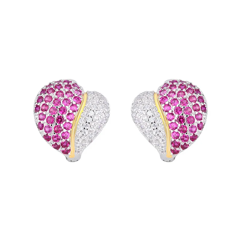 European and American Fashion Earrings Full Diamond Heart-shaped Red Corundum High-end Sense Women's Jewelry Versatile