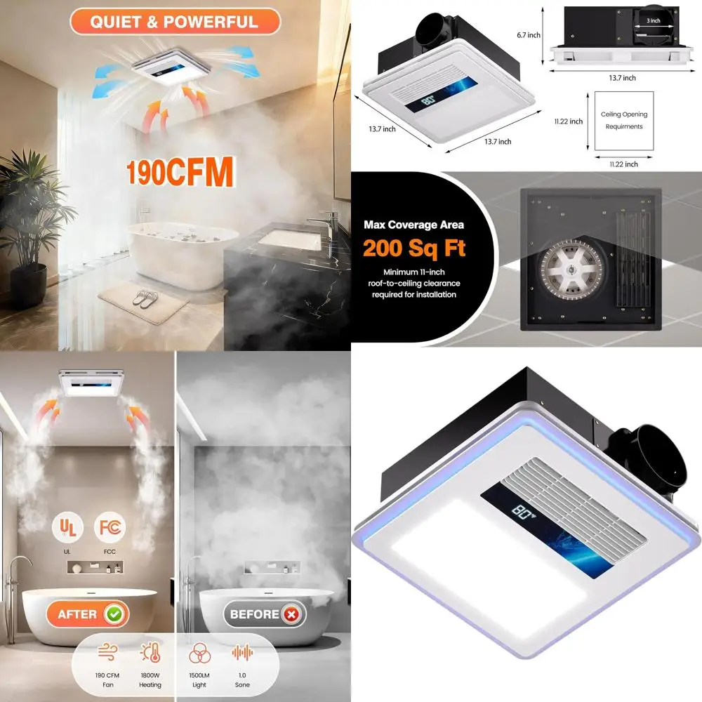 

4-in-1 Bath Exhaust Fan with Light and Heater, 1800W, 40W Quiet Ventilation, 190cm, 1.0 Sone, 1500lm LED, Easy Install, Remote C