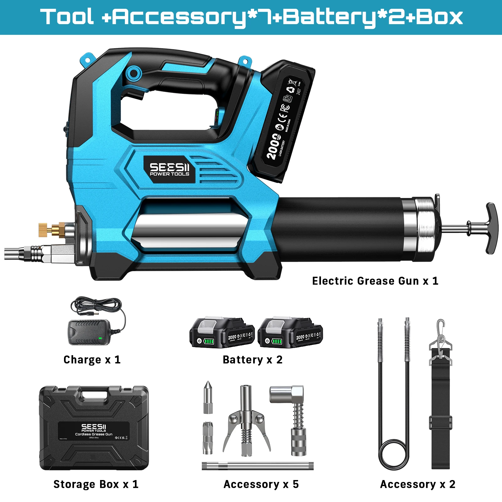 Seesii GR02 Ultra 12000PSI Elektrische Fettpresse Set Kabellose Bürstenlose Hochdruck-Schmiermaschine Ölwerkzeug-Set mit 2,0Ah Akku 39,4" Flexibler Schlauch LED-Licht