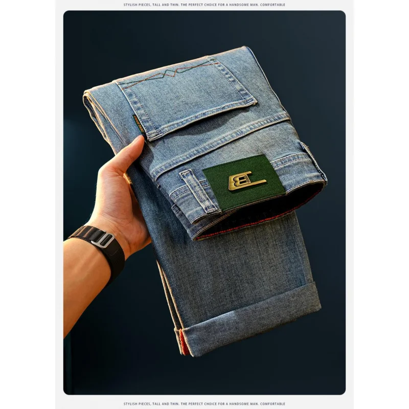 Retro blue minimalist jeans men's straight tube loose and lightweight business trend fashionable men's clothing high-end pants
