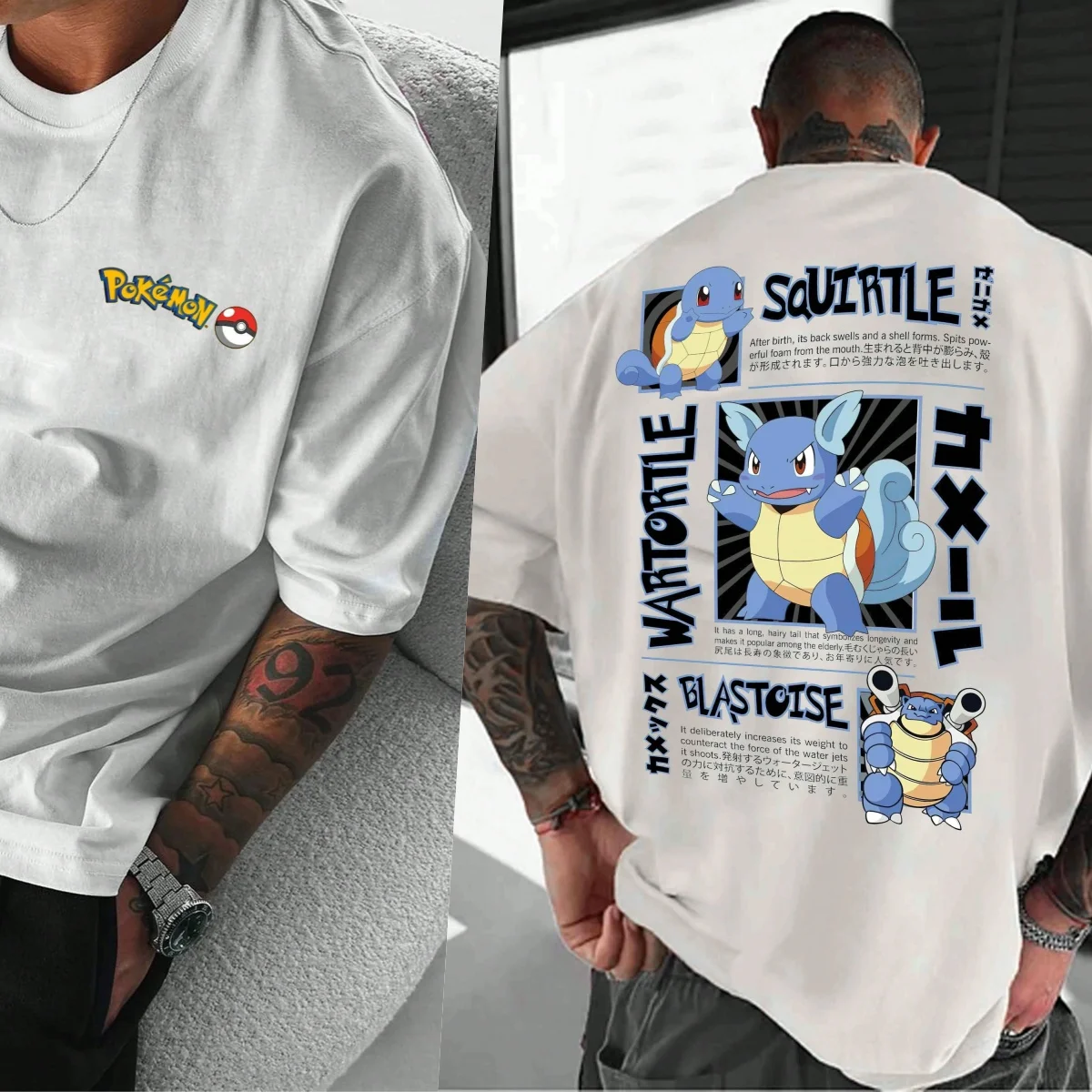 

Pokémon Water Starter Cotton Tee Front Logo Back Squirtle Wartortle Blastoise Graphic High - Quality Cotton Comfortable Fit