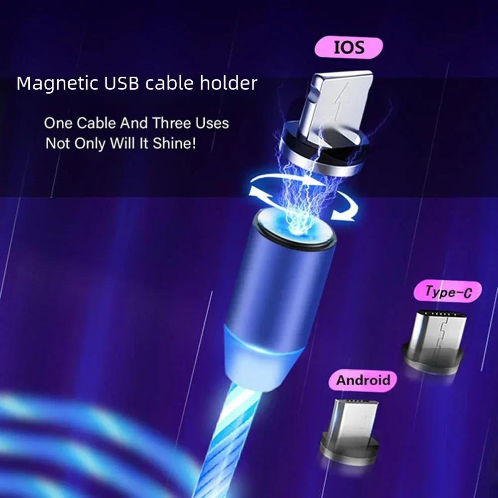MVQF 3in1 Magnetic Flow Luminous Lighting Charging Mobile Phone Cable Cord Charger Wire for IOS Micro Type-C LED Samaung HUAWEI
