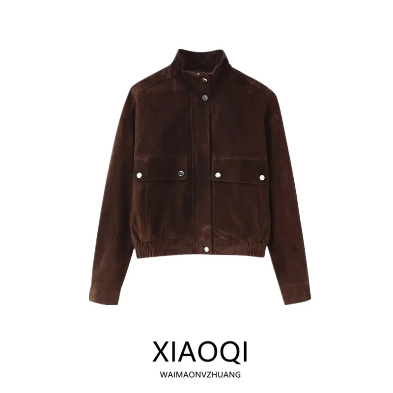 Women's Pilot Jacket Coat Autumn 2025 New Style Pocket Decorated Faux Suede Outerwear Fashionable Ladies Short Coat