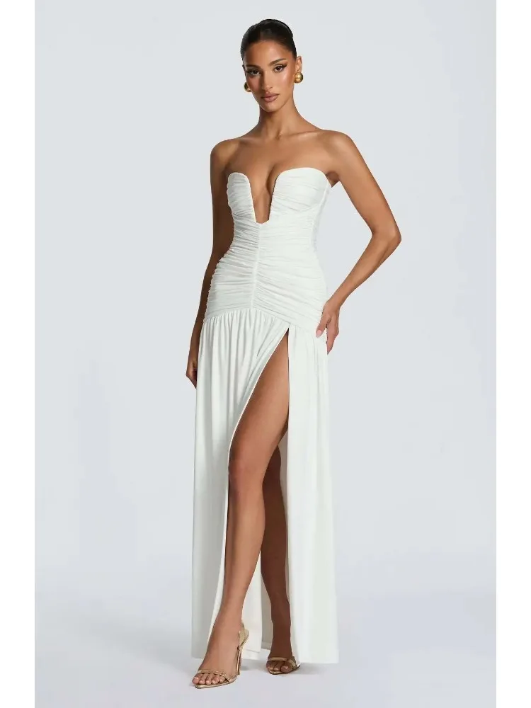 Damen 2026 Tiefer V-Ausschnitt Plissiertes Gerafftes Trägerloses Schulterfreies Maxikleid Rückenfrei Hoher Schlitz Elegantes Abendkleid