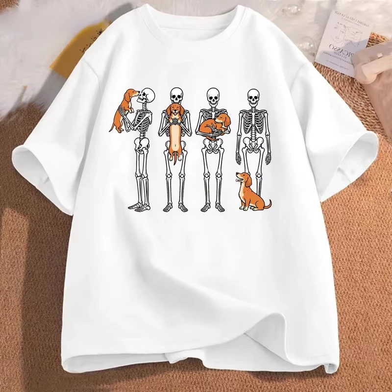 Skeleton Hug Dachshund Dogs Halloween Spooky Art Print Graphic Womens T Shirt Short Sleeve Crew Neck Casual Ladies Tee Tops