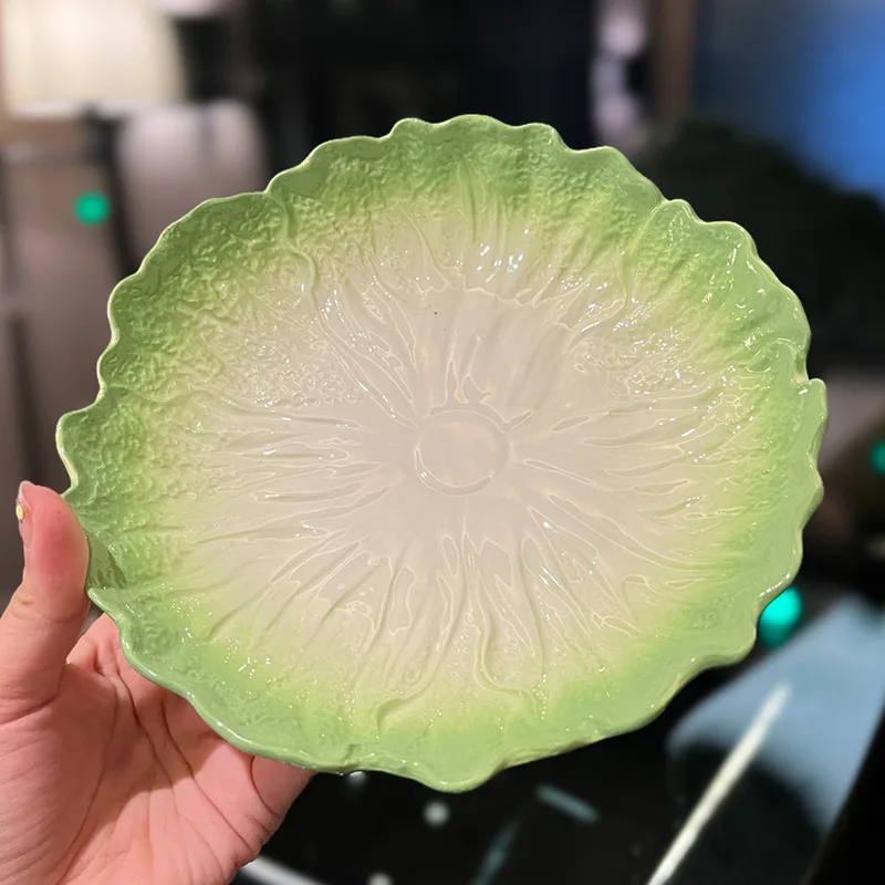 Creative Home Tableware Ceramic Cabbage Color Matching Pastoral Style Rice Ramen Bowl +Plate High-Grade Green Tableware