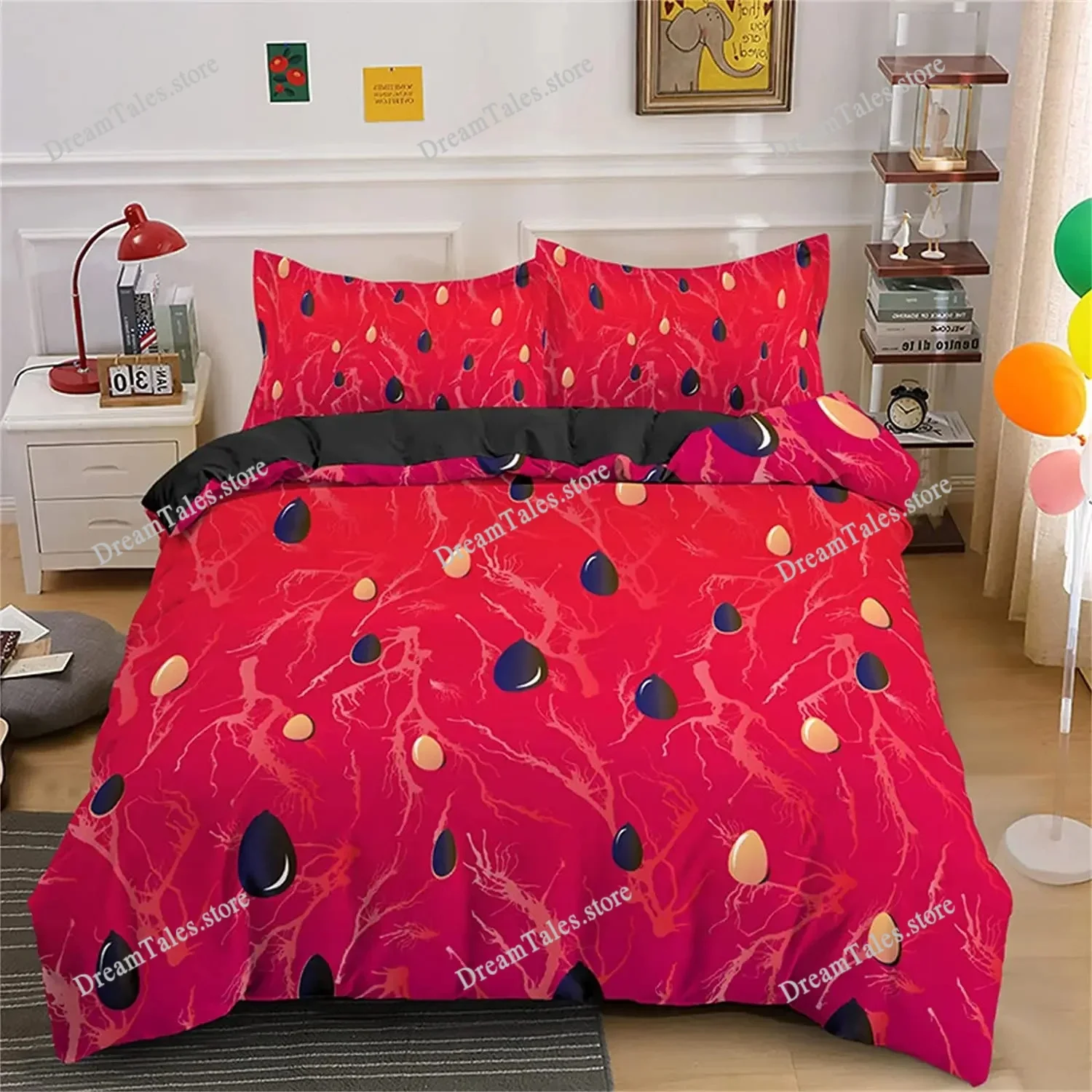 Watermelon Duvet Cover Set Green and Red Colour Polyester Comforter Cover King Queen Full Size for Kids Teens Adults Bedding Set