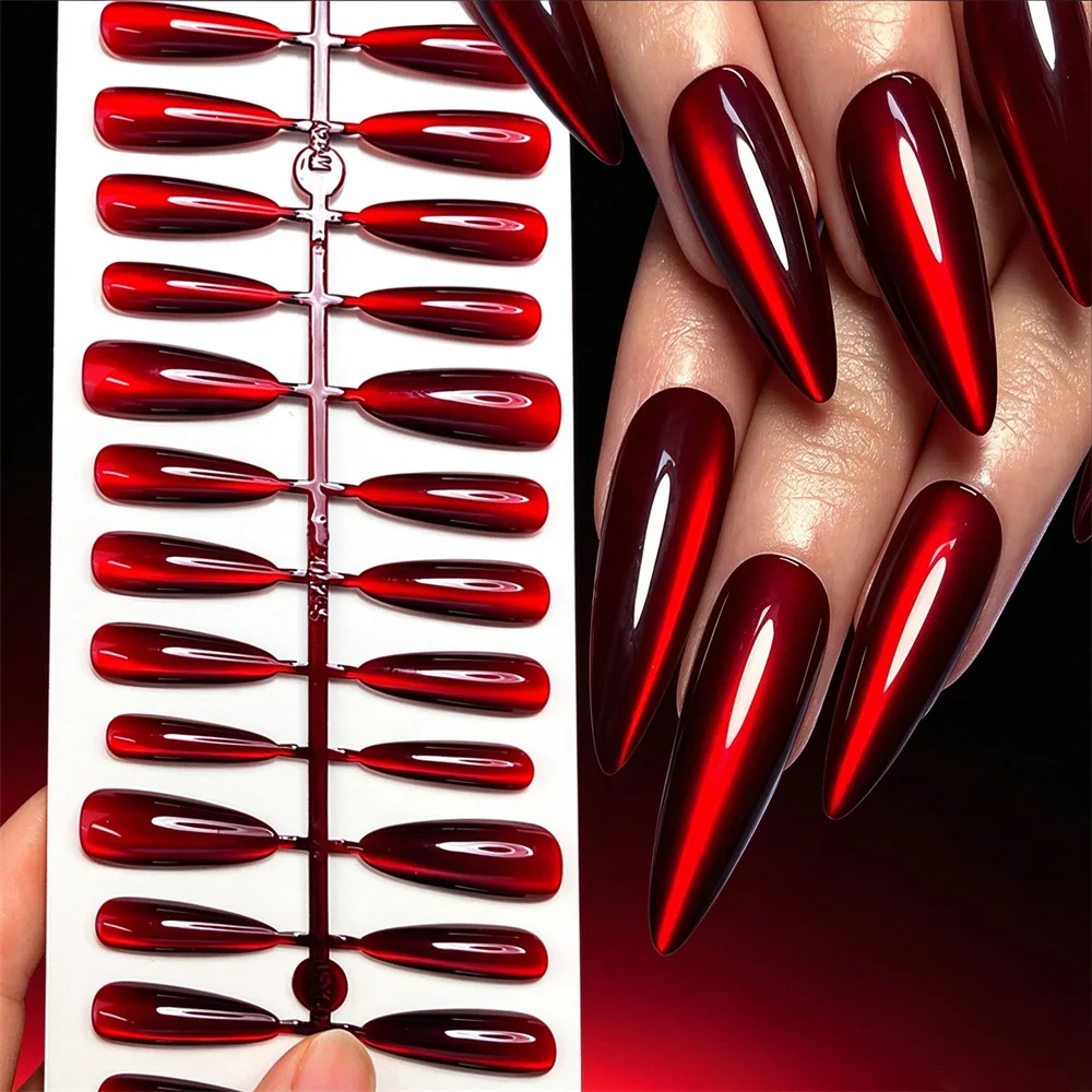 30pcs Y2K Halloween Sparkling Red Cat Eye Press on Nails Long Almond Full Cover Cat Eye Fake NailsTip For Women Party Daily Wear