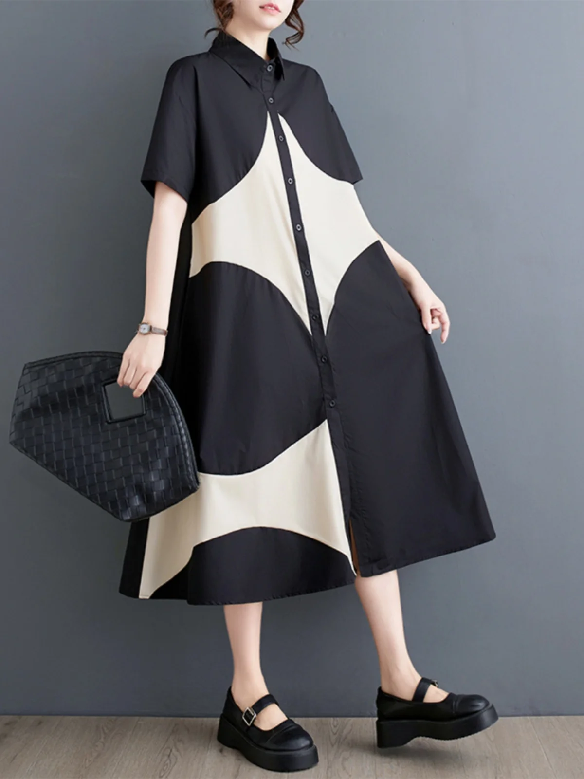 Vestido Casual de Verão Plus Size com Estampa e Mangas Curtas, Silhueta A-Line, Estilo de Trabalho, Gola Alta