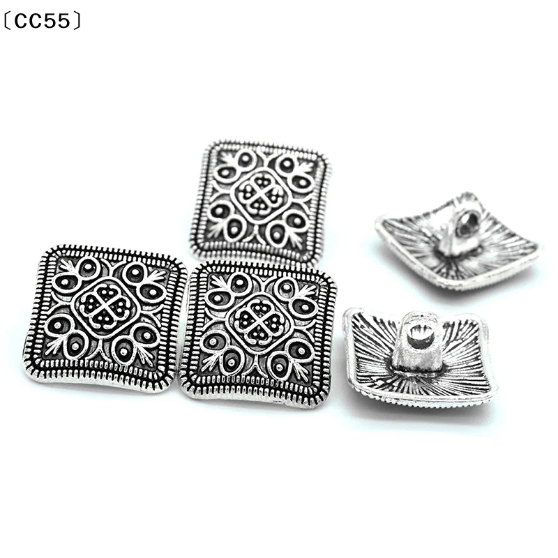 10pcs Geometric Square Antique Silver Flower Metal Shank Button For Clothes Jeans Sewing DIY Decorative Crafts〔CC55〕〔CC55〕