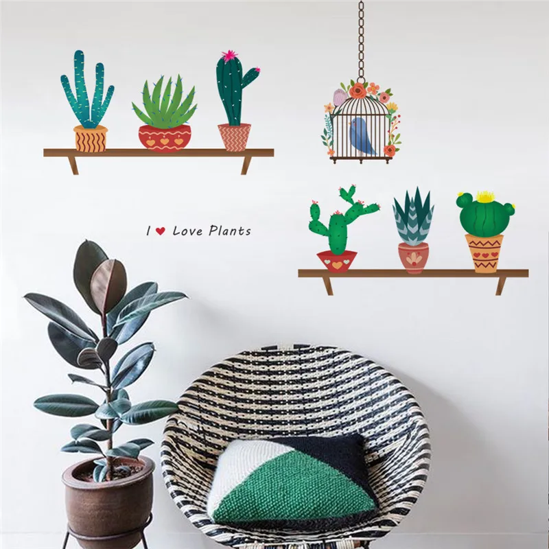 Cactus Aloe Vera Flowers Pots Wall Sticker For Office Living Room Decoration Pastoral Mural Art Diy Home Decal Poster