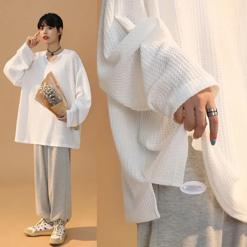 Sweat à capuche sans chapeau pour femmes, couleur unie, gaufré, manches longues, fin, printemps-automne, Chic, ample, fente latérale, assorti avec tout, Ins, mode étudiants