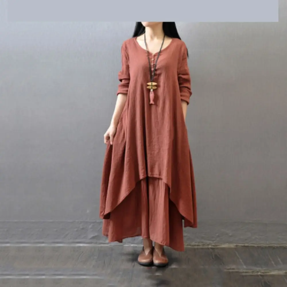 Falda larga de dos piezas falsa de estilo literario ligero, vestido con vuelo de Material de algodón y lino, falda de lino para primavera y otoño