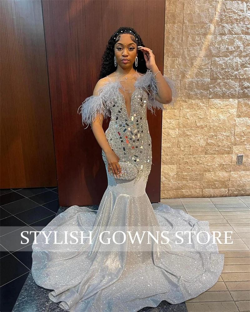 Silver O N Evening Dresses Black Girl Bead Crystal Rhinestone Birthday Party Gown Feather Long Prom Dress Robe De Bal Customized