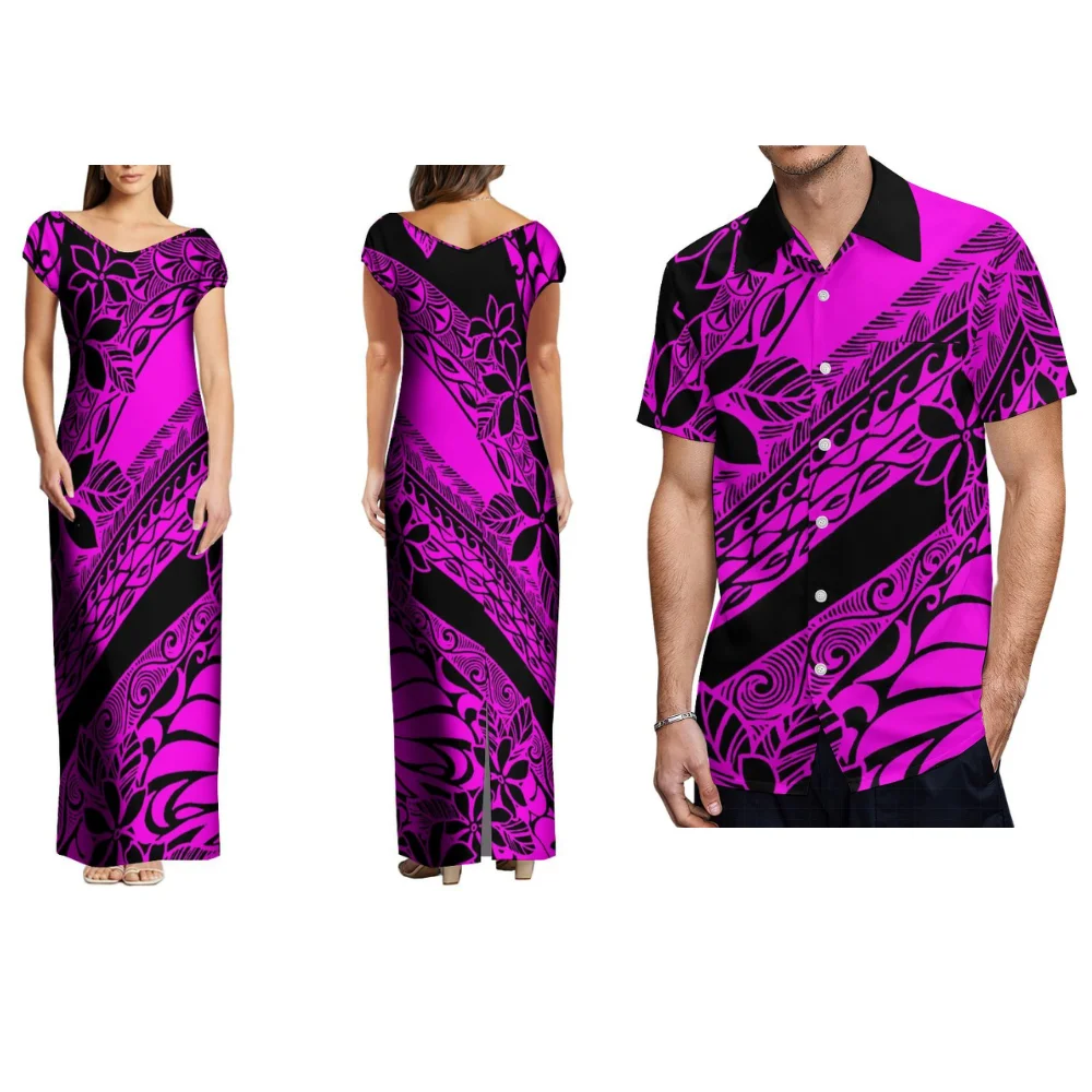 V-Neck Off-The-Shoulder Dress Slit Slim Dress Polynesian Couple Set Ethnic Flower Men Pocket Shirt Women Elegant Dress