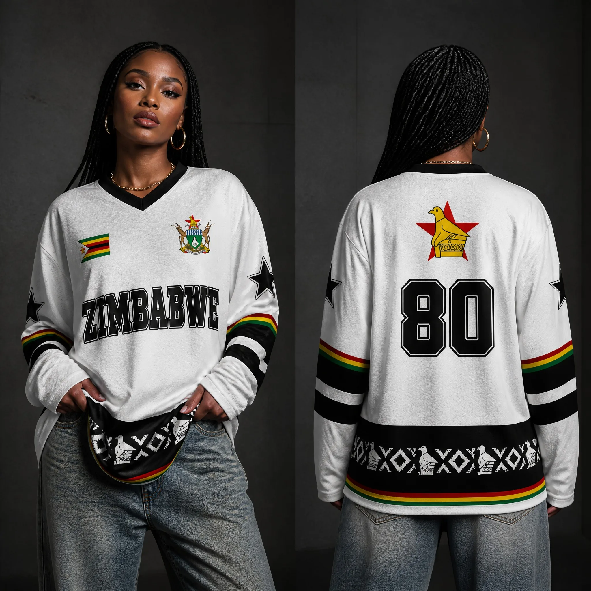 New Men's and Women's Sweatshirt with Zimbabwe Print, V-neck, Long Sleeve, Casual T-Shirt, Loose and Relaxed Street Style Top