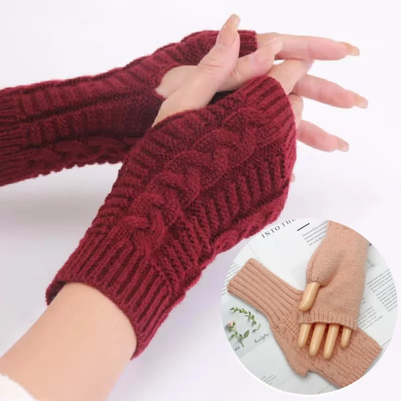 Women Stylish Hand Warmer Winter Gloves Arm Crochet Knitting Faux Wool Mitten Thickened Warm Twist Pattern Fingerless Glove