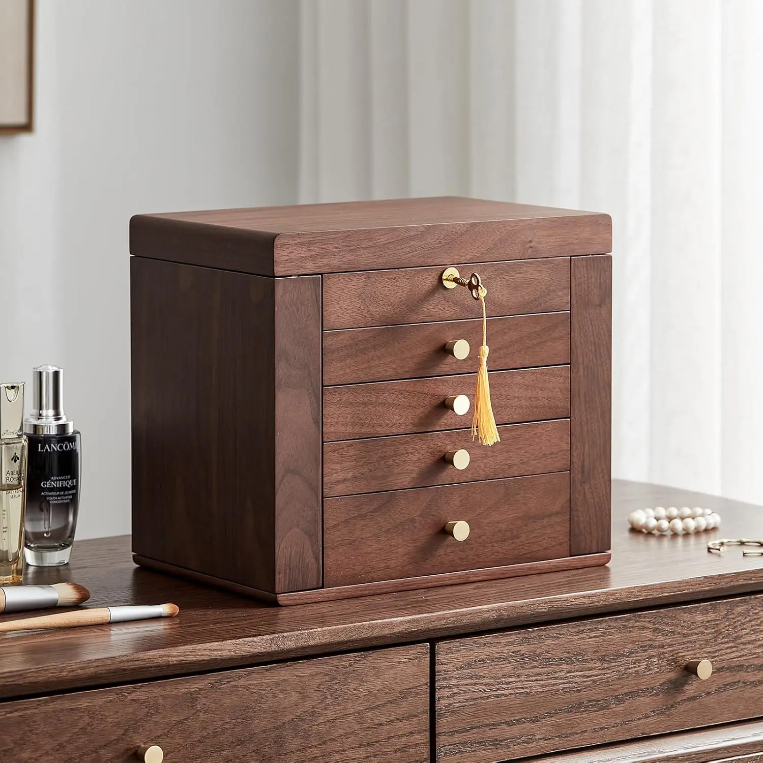 Black Walnut Wooden Jewelry Box, 5-Layer Solid Wood Jewelry Organizer with 2 Side Doors Mirror Lockable Classical Style