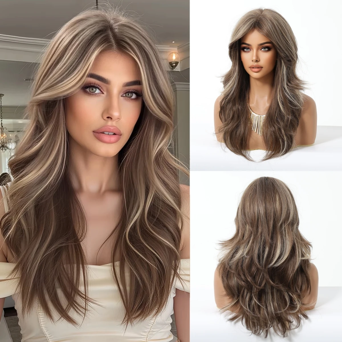 

Allbell Magique Natural Brown Blonde Highlights Wigs With Side Bangs Long Wavy Layered Synthetic Wigs For Women Heat Resistant