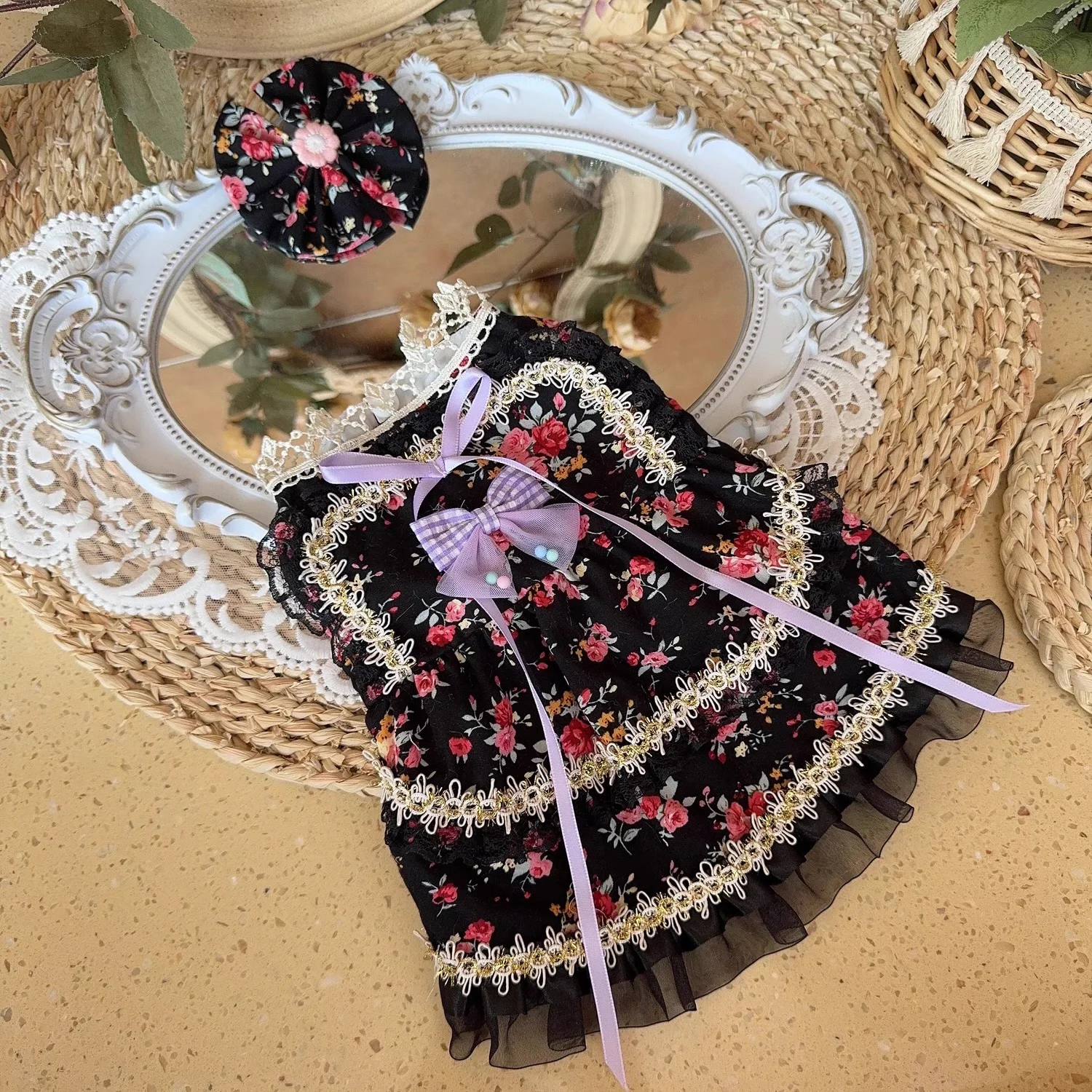 Original Summer Pet Cat Dog Rabbit Dress Princess Black floral dress Yorkshire